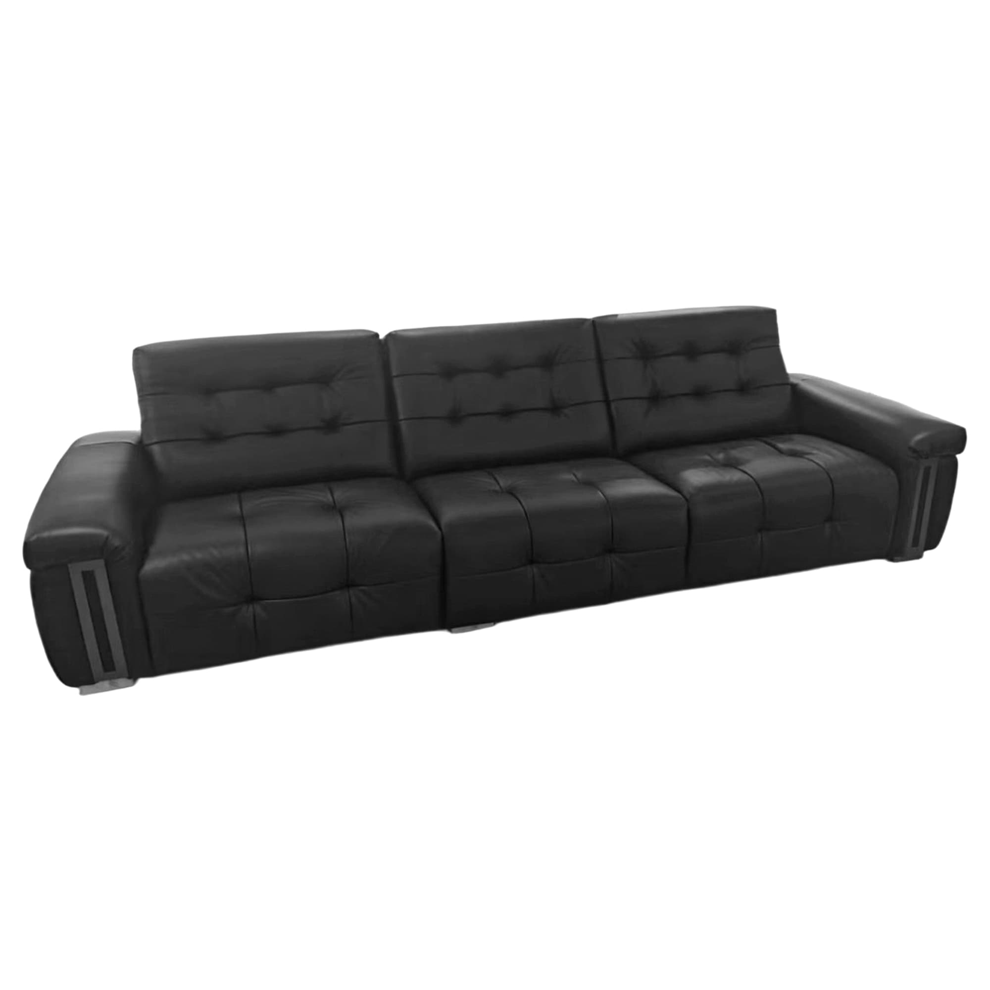 Top-grain leather sofa in a tailored, dark showroom setting